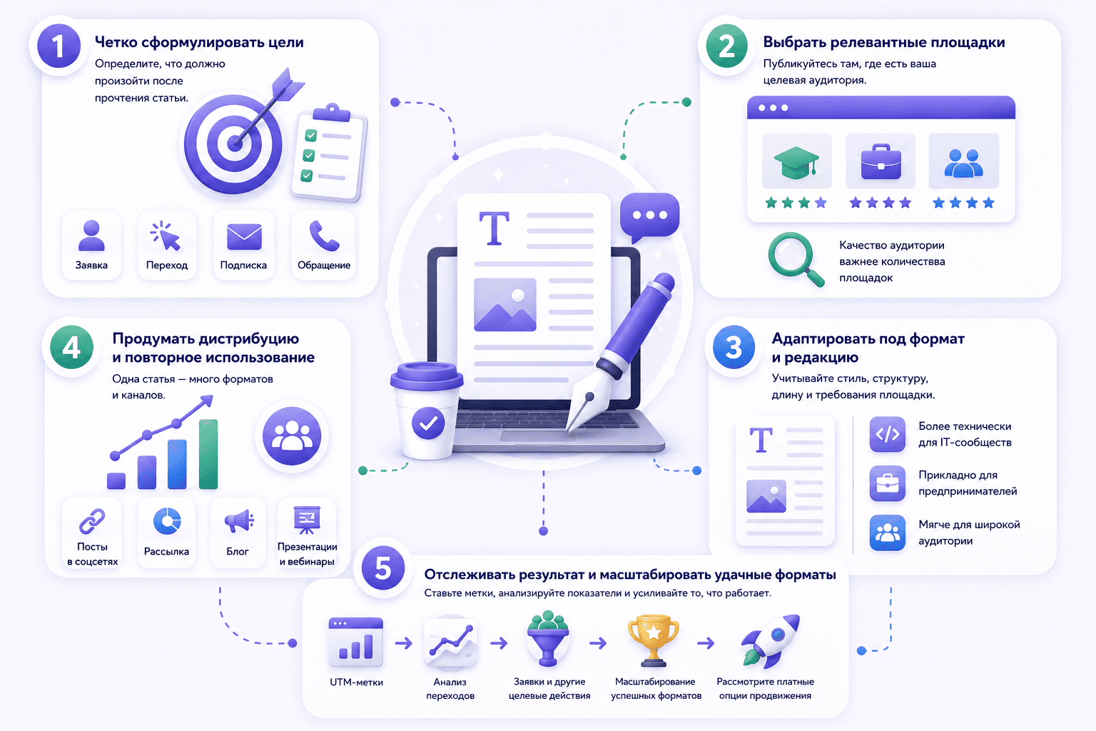 Пять рекомендаций для эффективной работы со статьями: цели, площадки, адаптация, дистрибуция и аналитика