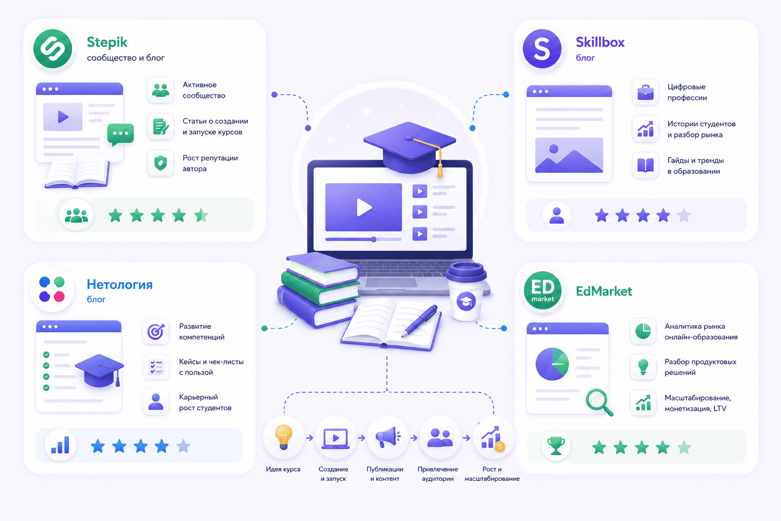 Площадки для онлайн-курсов и образовательных продуктов: Stepik, Skillbox, Нетология и EdMarket
